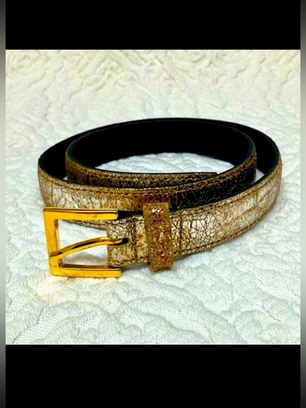 Vintage leather gold “crackle” belt, Italian gold tone buckle